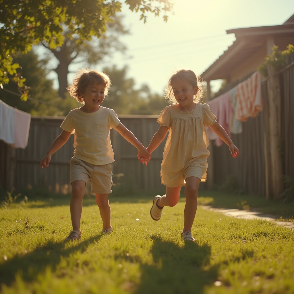 Dos hermanos jugando en un jardín familiar durante la infancia, recuerdo cálido en tonos vintage