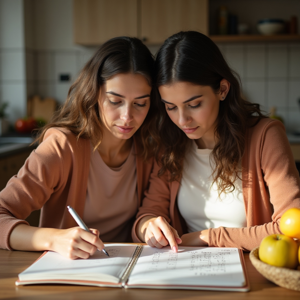 Madre e hija revisando juntas una libreta de gastos familiares en la mesa de la cocina
