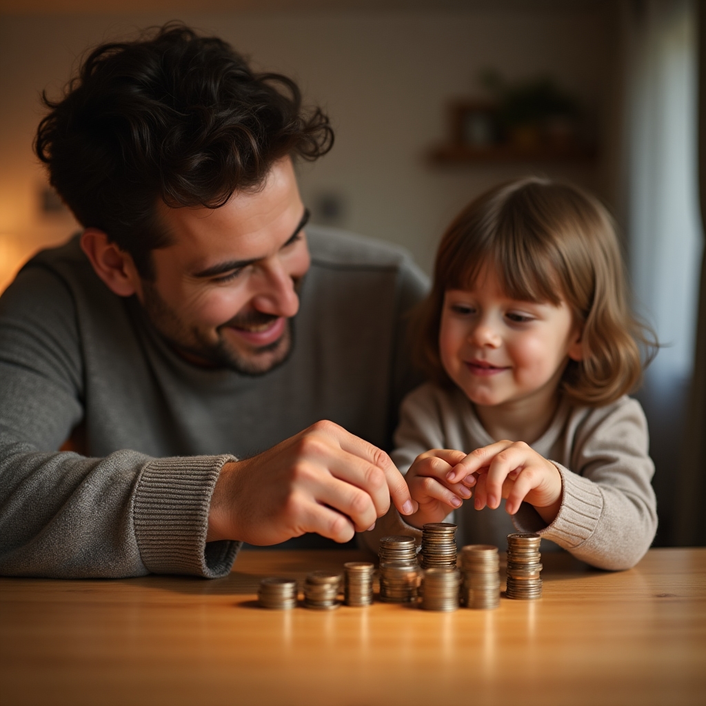 Padre mostrando monedas a un niño pequeño sobre una mesa, enseñándole a contar dinero