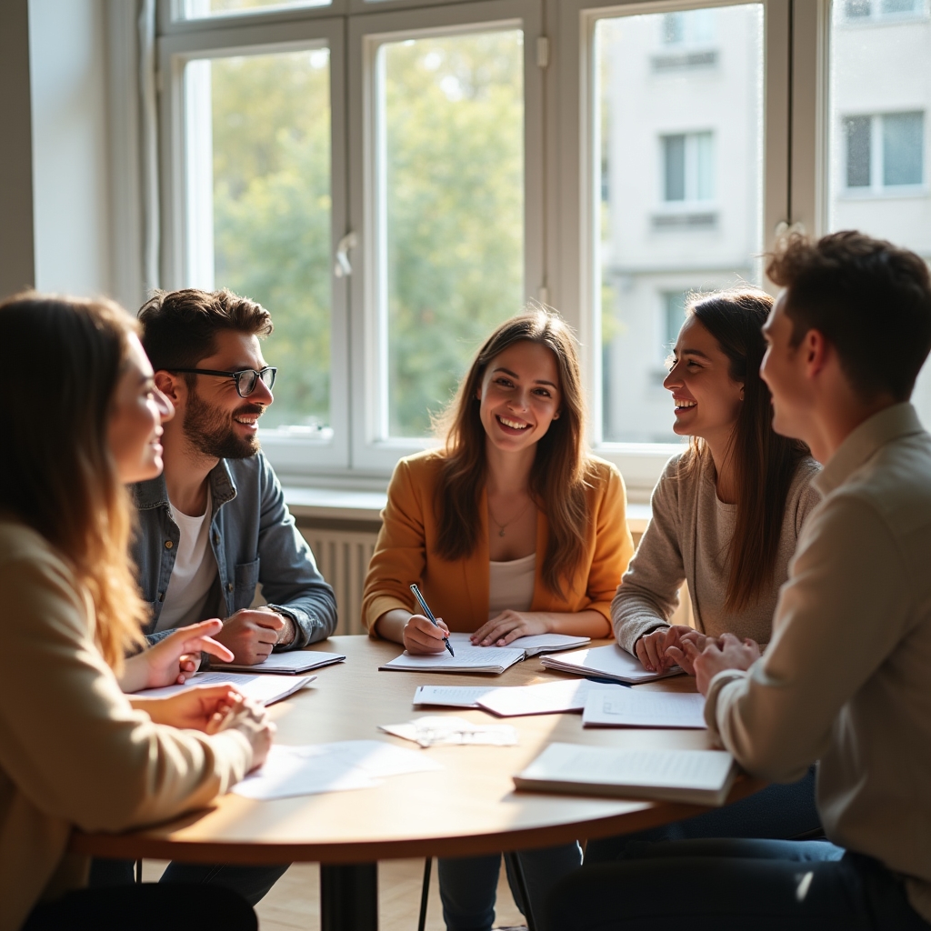 Grupo de personas jóvenes conversando de manera distendida alrededor de una mesa con cuadernos abiertos